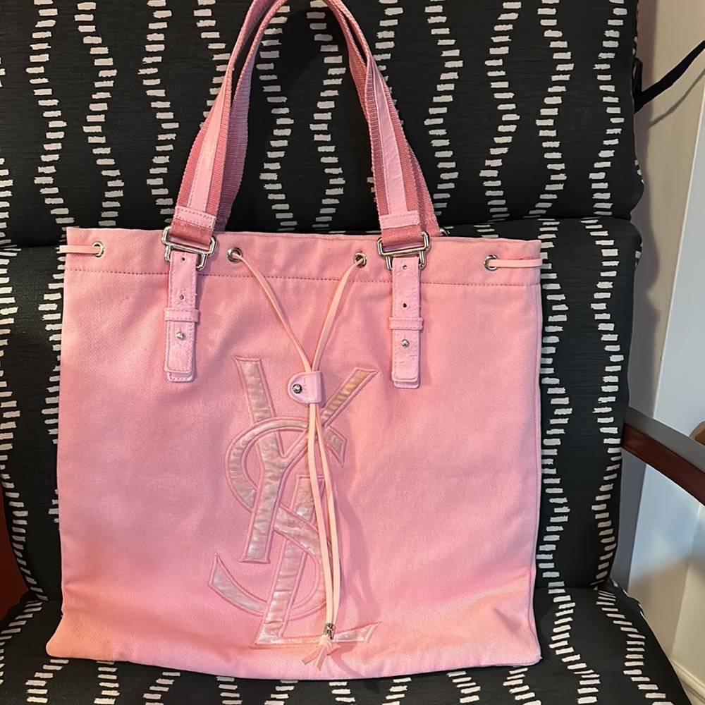 YSL Pink Canvas Tote Bag. Leather has all been repainted and sealed .